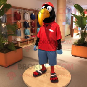 Red Toucan mascot costume character dressed with a Henley Shirt and Shoe laces