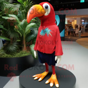 Red Toucan mascot costume character dressed with a Henley Shirt and Shoe laces