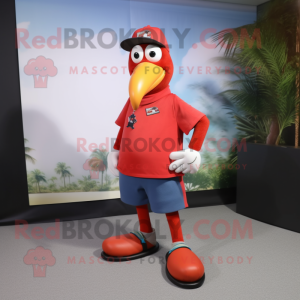 Red Toucan mascot costume character dressed with a Henley Shirt and Shoe laces