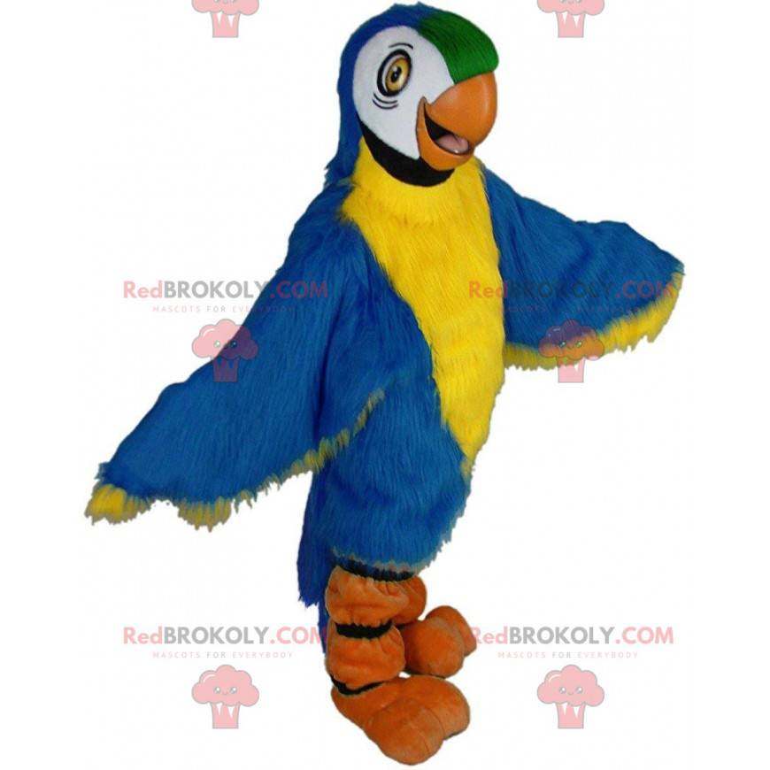Mascotte kleurrijke papegaai, blauwe ara kostuum, gigantische