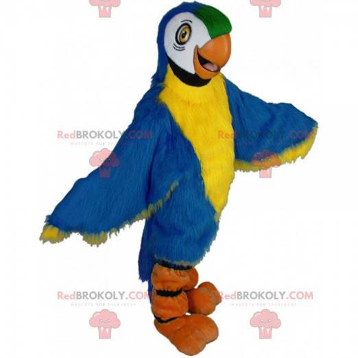 Fargerik papegøyemaskot, blå ara-kostyme, gigantisk fugl -
