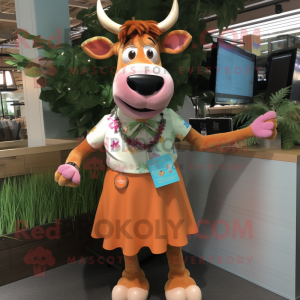 Peach Guernsey Cow mascot costume character dressed with a Dress Pants and Bracelets