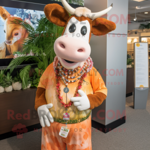 Peach Guernsey Cow mascot costume character dressed with a Dress Pants and Bracelets