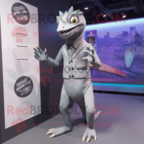 Gray Lizard mascot costume character dressed with a Sheath Dress and Lapel pins