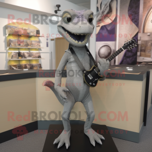 Gray Lizard mascot costume character dressed with a Sheath Dress and Lapel pins