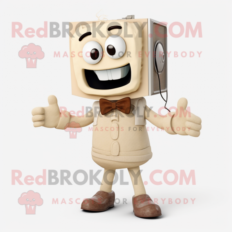 Cream Television mascot costume character dressed with a Cargo Pants and Bow ties Cream Television mascot costume character dressed with a Cargo Pants and Bow ties