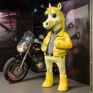 Lemon Yellow Mare mascot costume character dressed with a Biker Jacket and Suspenders