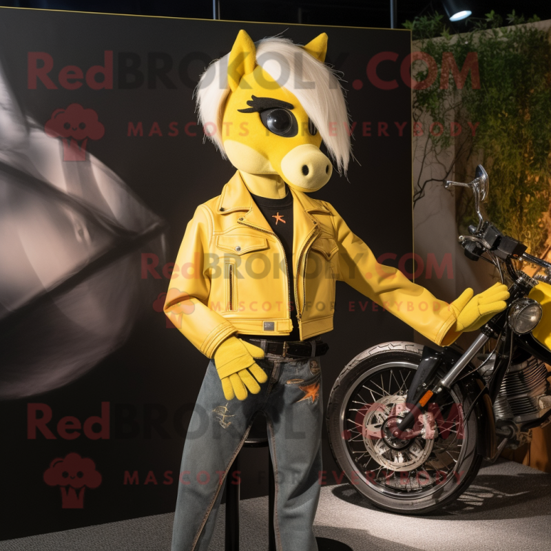 Lemon Yellow Mare mascot costume character dressed with a Biker Jacket and Suspenders