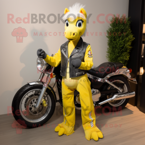 Lemon Yellow Mare mascot costume character dressed with a Biker Jacket and Suspenders