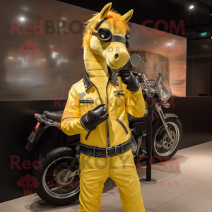 Lemon Yellow Mare mascot costume character dressed with a Biker Jacket and Suspenders