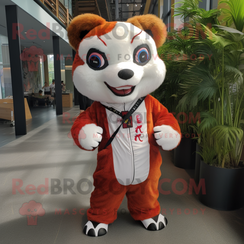 White Red Panda mascot costume character dressed with a Jumpsuit and Earrings White Red Panda mascot costume character dressed with a Jumpsuit and Earrings