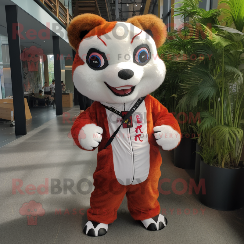 White Red Panda mascot costume character dressed with a Jumpsuit and Earrings