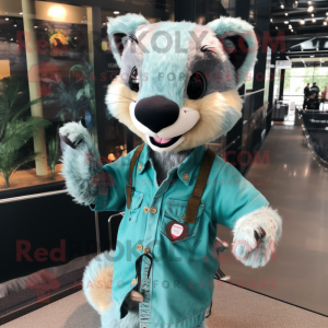 Teal Marten mascot costume character dressed with a Button-Up Shirt and Hair clips