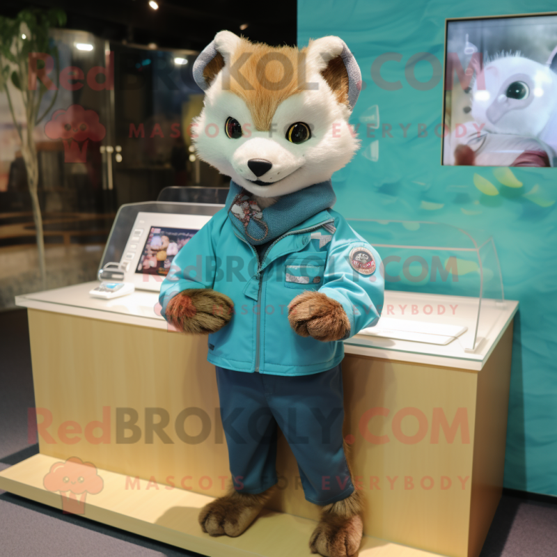 Teal Marten mascot costume character dressed with a Button-Up Shirt and Hair clips Teal Marten mascot costume character dressed with a Button-Up Shirt and Hair clips