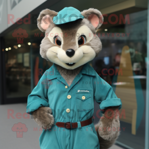 Teal Marten mascot costume character dressed with a Button-Up Shirt and Hair clips