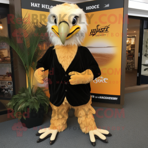 Gold Haast'S Eagle mascot costume character dressed with a Cocktail Dress and Shoe laces