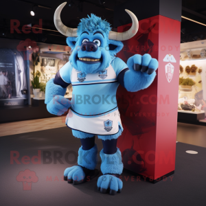 Sky Blue Minotaur mascot costume character dressed with a Rugby Shirt and Keychains