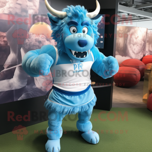 Sky Blue Minotaur mascot costume character dressed with a Rugby Shirt and Keychains