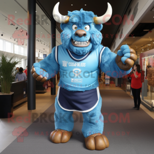 Sky Blue Minotaur mascot costume character dressed with a Rugby Shirt and Keychains