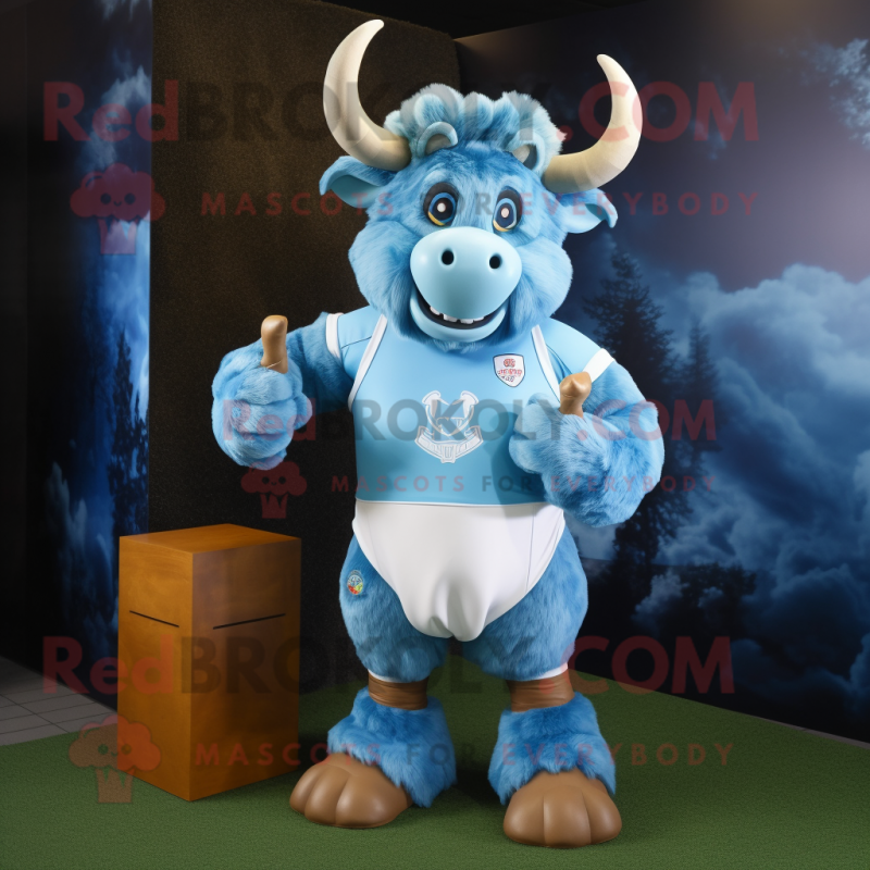 Sky Blue Minotaur mascot costume character dressed with a Rugby Shirt and Keychains