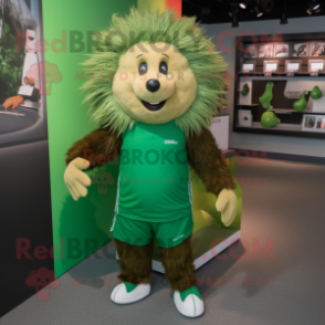 Green Porcupine mascot costume character dressed with a Running Shorts and Shawl pins