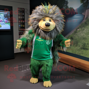 Green Porcupine mascot costume character dressed with a Running Shorts and Shawl pins