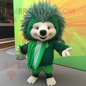 Green Porcupine mascot costume character dressed with a Running Shorts and Shawl pins