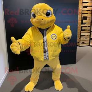 Lemon Yellow Sea Turtle mascot costume character dressed with a Moto Jacket and Shawl pins