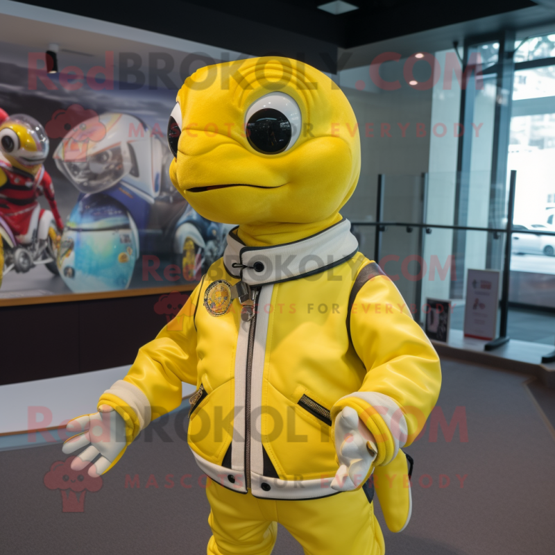 Lemon Yellow Sea Turtle mascot costume character dressed with a Moto Jacket and Shawl pins