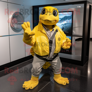 Lemon Yellow Sea Turtle mascot costume character dressed with a Moto Jacket and Shawl pins