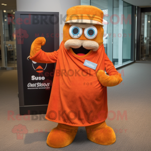 Rust Orange mascot costume character dressed with a Maxi Skirt and Pocket squares