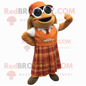 Rust Orange mascot costume character dressed with a Maxi Skirt and Pocket squares