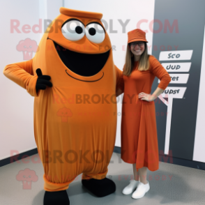 Rust Orange mascot costume character dressed with a Maxi Skirt and Pocket squares