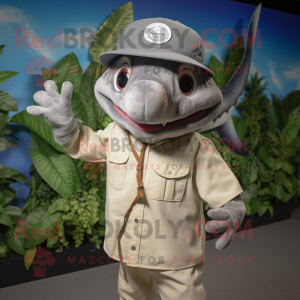 Gray Tuna mascot costume character dressed with a Button-Up Shirt and Hats