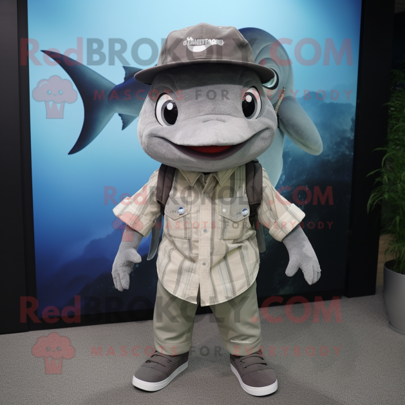Gray Tuna mascot costume character dressed with a Button-Up Shirt and Hats Gray Tuna mascot costume character dressed with a Button-Up Shirt and Hats