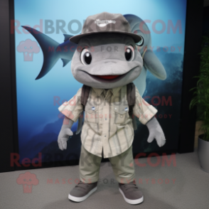 Gray Tuna mascot costume character dressed with a Button-Up Shirt and Hats