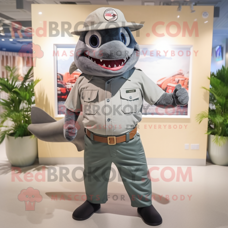 Gray Tuna mascot costume character dressed with a Button-Up Shirt and Hats