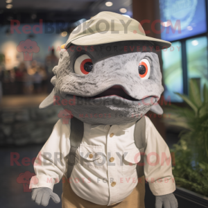Gray Tuna mascot costume character dressed with a Button-Up Shirt and Hats