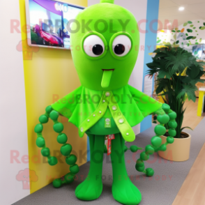 Lime Green Octopus mascot costume character dressed with a Sweater and Brooches