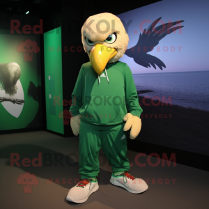 Green Eagle mascot costume character dressed with a Sweatshirt and Shoe laces