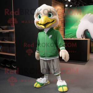 Green Eagle mascot costume character dressed with a Sweatshirt and Shoe laces