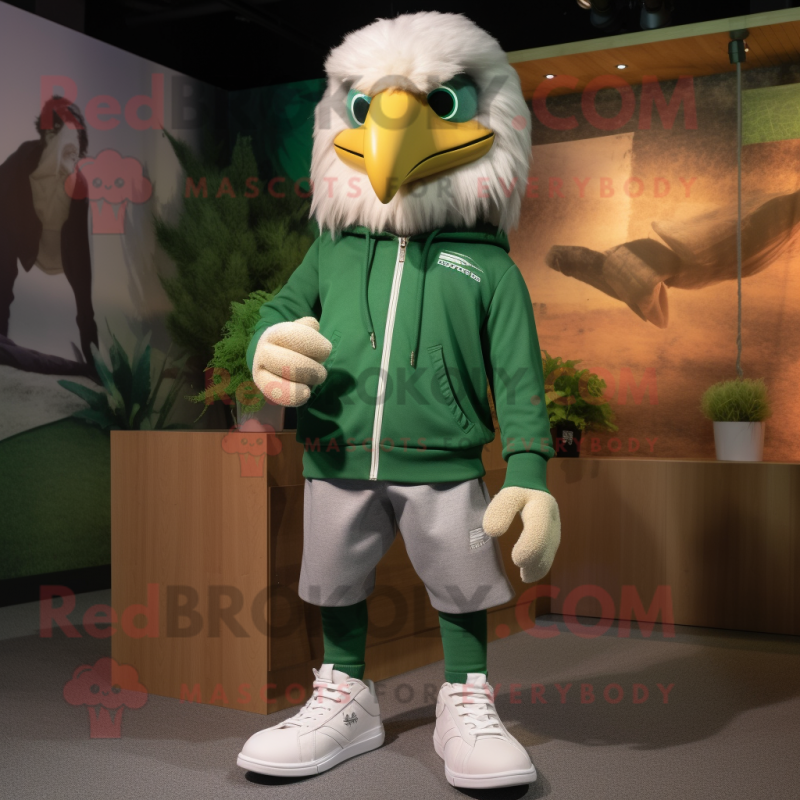 Green Eagle mascot costume character dressed with a Sweatshirt and Shoe laces