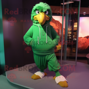 Green Eagle mascot costume character dressed with a Sweatshirt and Shoe laces