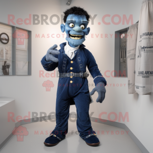 Navy Frankenstein mascot costume character dressed with a Jeggings and Pocket squares