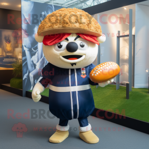 Navy Hamburger mascot costume character dressed with a Rugby Shirt and Shawls