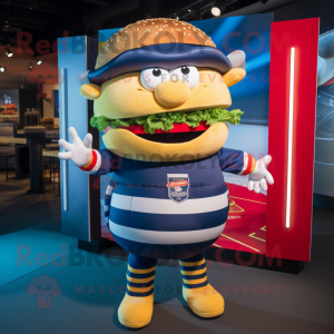 Navy Hamburger mascot costume character dressed with a Rugby Shirt and Shawls