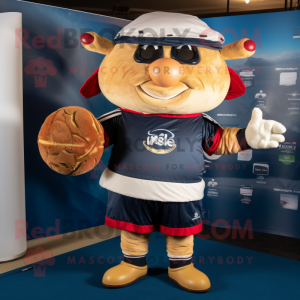 Navy Hamburger mascot costume character dressed with a Rugby Shirt and Shawls