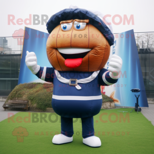 Navy Hamburger mascot costume character dressed with a Rugby Shirt and Shawls