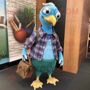 Cyan Guinea Fowl mascot costume character dressed with a Flannel Shirt and Wallets