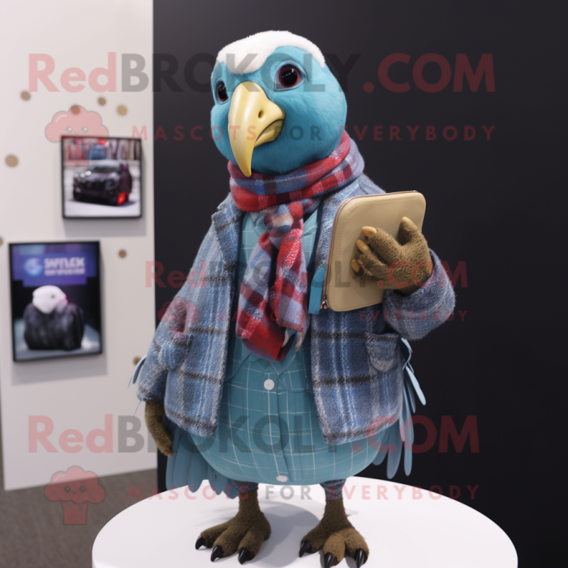 Cyan Guinea Fowl mascot costume character dressed with a Flannel Shirt and Wallets Cyan Guinea Fowl mascot costume character dressed with a Flannel Shirt and Wallets